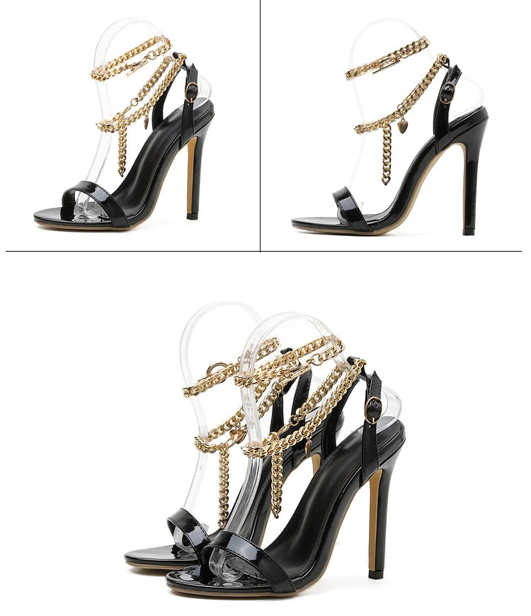 Aneikeh sexy plutônio rasa sandálias de salto alto feminino verão 2025 novo dedo do pé apontado sapatos corrente metal moda fivela cinta festa costura
