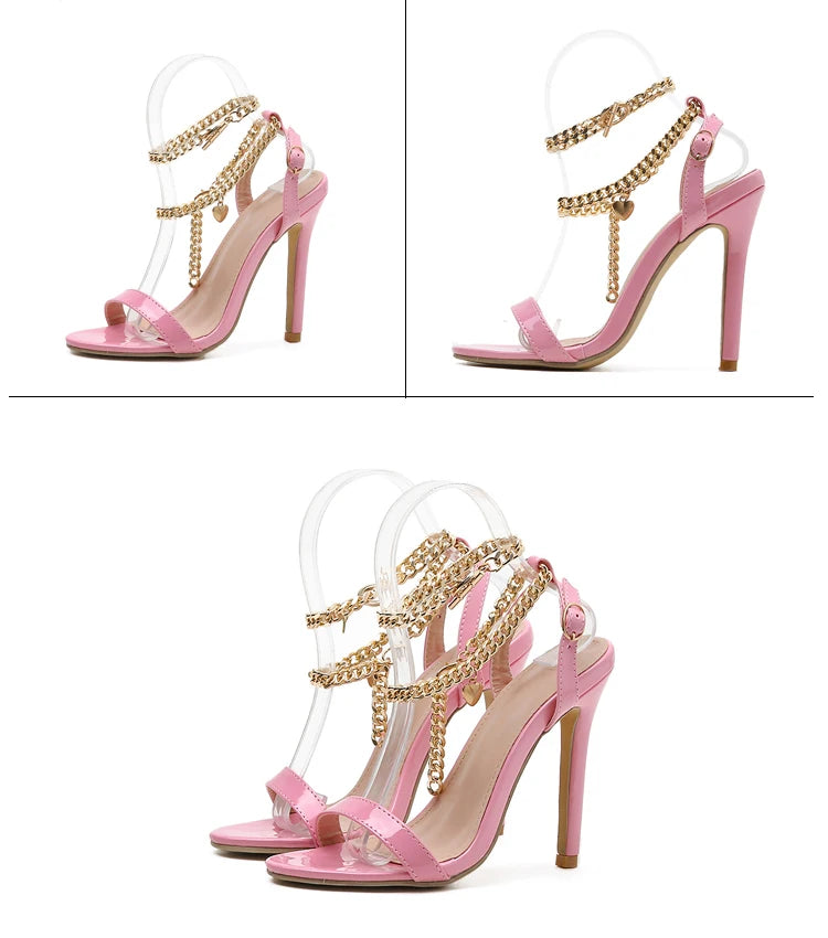 Aneikeh sexy plutônio rasa sandálias de salto alto feminino verão 2025 novo dedo do pé apontado sapatos corrente metal moda fivela cinta festa costura