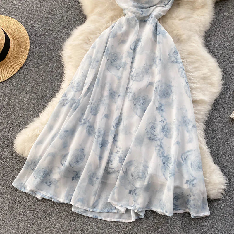 Singiny feminino floral cinta de espaguete vestido elástico ruched sexy oco sem costas vestido de festa verão boho férias praia vestido de verão