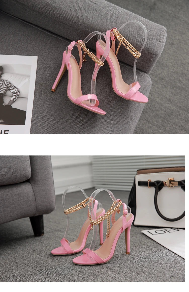 Aneikeh sexy plutônio rasa sandálias de salto alto feminino verão 2025 novo dedo do pé apontado sapatos corrente metal moda fivela cinta festa costura