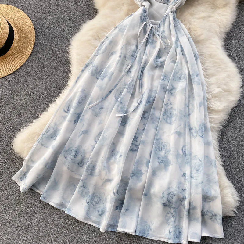 Singiny feminino floral cinta de espaguete vestido elástico ruched sexy oco sem costas vestido de festa verão boho férias praia vestido de verão