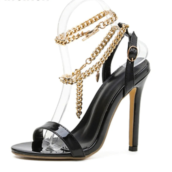 Aneikeh sexy plutônio rasa sandálias de salto alto feminino verão 2025 novo dedo do pé apontado sapatos corrente metal moda fivela cinta festa costura