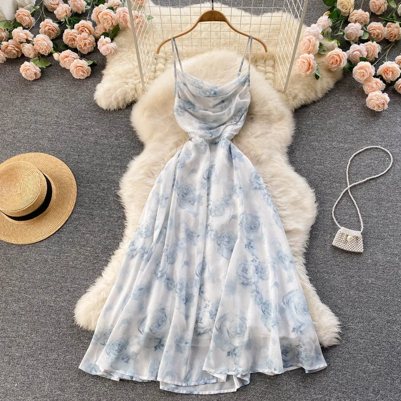 Singiny feminino floral cinta de espaguete vestido elástico ruched sexy oco sem costas vestido de festa verão boho férias praia vestido de verão