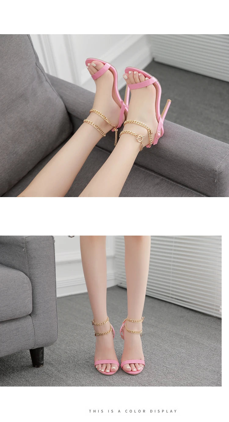 Aneikeh sexy plutônio rasa sandálias de salto alto feminino verão 2025 novo dedo do pé apontado sapatos corrente metal moda fivela cinta festa costura