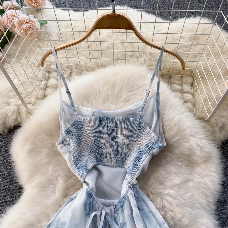 Singiny feminino floral cinta de espaguete vestido elástico ruched sexy oco sem costas vestido de festa verão boho férias praia vestido de verão