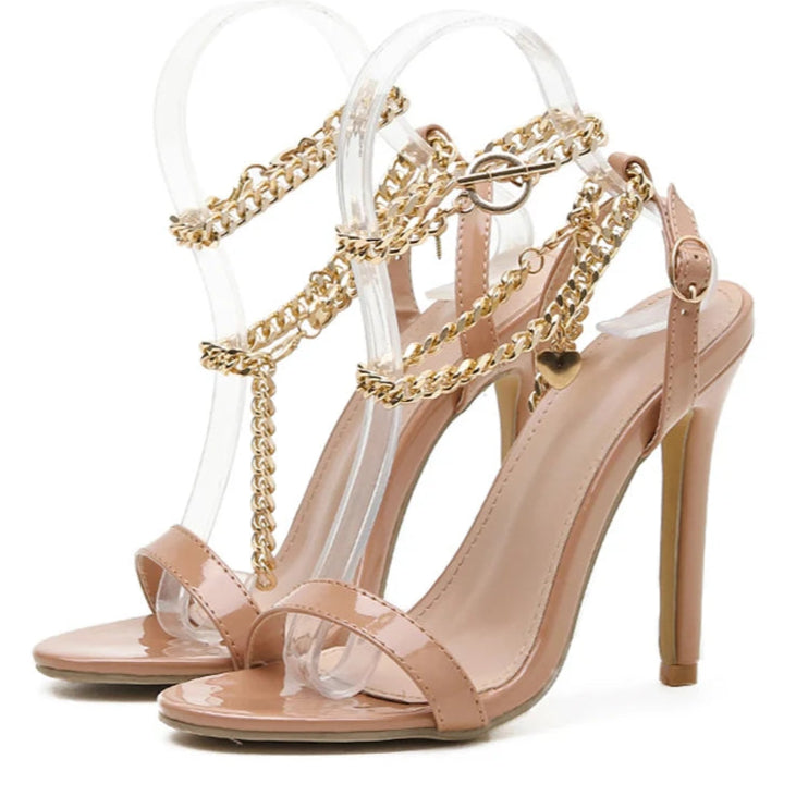 Aneikeh sexy plutônio rasa sandálias de salto alto feminino verão 2025 novo dedo do pé apontado sapatos corrente metal moda fivela cinta festa costura