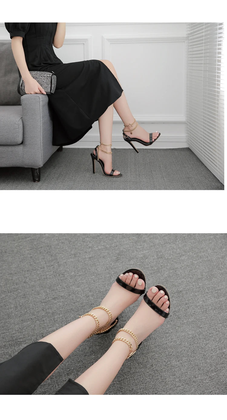 Aneikeh sexy plutônio rasa sandálias de salto alto feminino verão 2025 novo dedo do pé apontado sapatos corrente metal moda fivela cinta festa costura