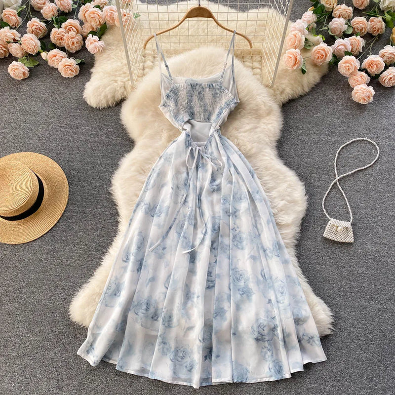 Singiny feminino floral cinta de espaguete vestido elástico ruched sexy oco sem costas vestido de festa verão boho férias praia vestido de verão
