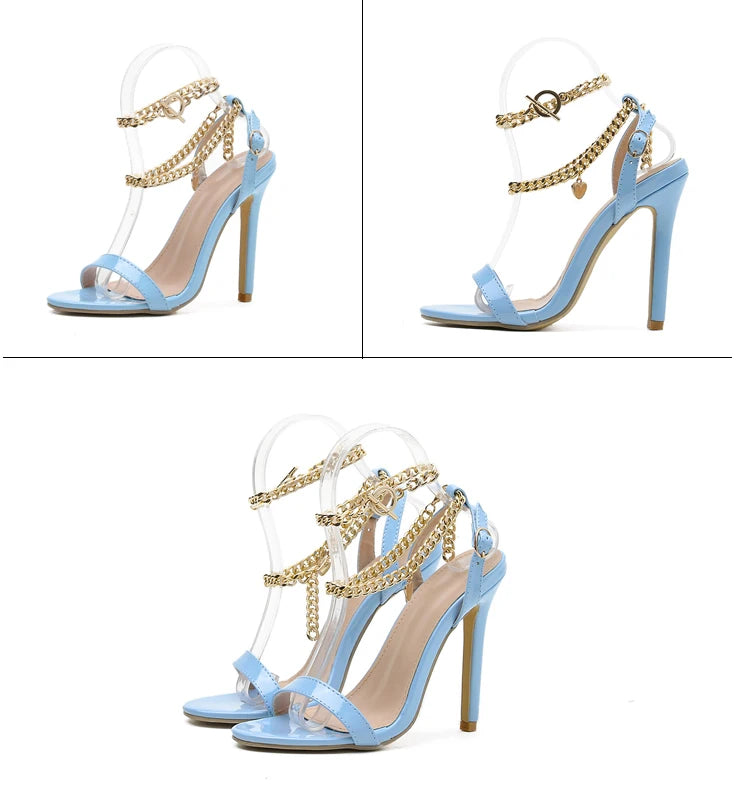 Aneikeh sexy plutônio rasa sandálias de salto alto feminino verão 2025 novo dedo do pé apontado sapatos corrente metal moda fivela cinta festa costura