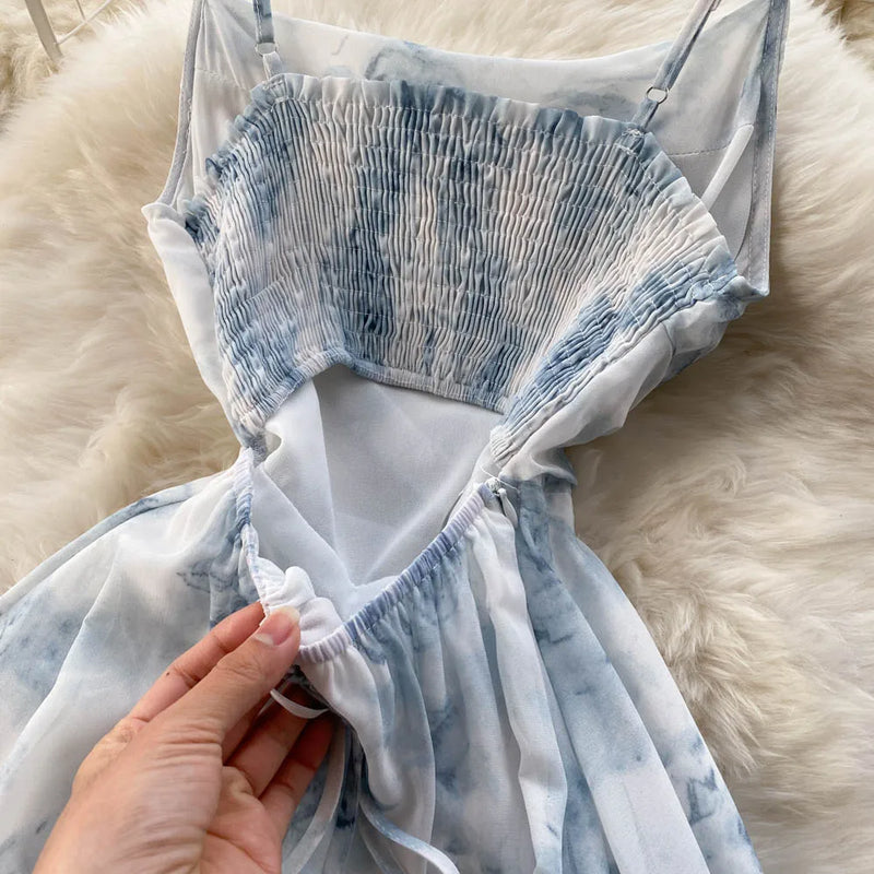 Singiny feminino floral cinta de espaguete vestido elástico ruched sexy oco sem costas vestido de festa verão boho férias praia vestido de verão
