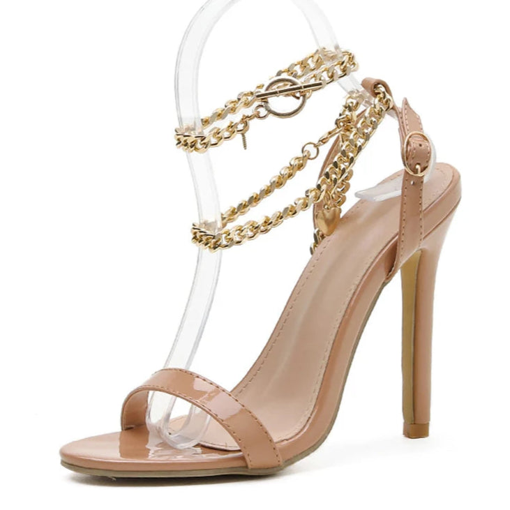 Aneikeh sexy plutônio rasa sandálias de salto alto feminino verão 2025 novo dedo do pé apontado sapatos corrente metal moda fivela cinta festa costura