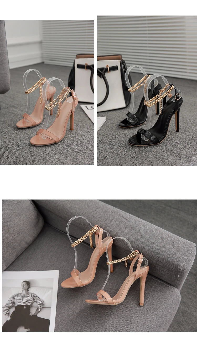 Aneikeh sexy plutônio rasa sandálias de salto alto feminino verão 2025 novo dedo do pé apontado sapatos corrente metal moda fivela cinta festa costura
