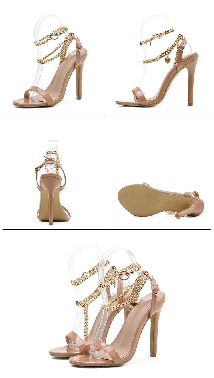 Aneikeh sexy plutônio rasa sandálias de salto alto feminino verão 2025 novo dedo do pé apontado sapatos corrente metal moda fivela cinta festa costura