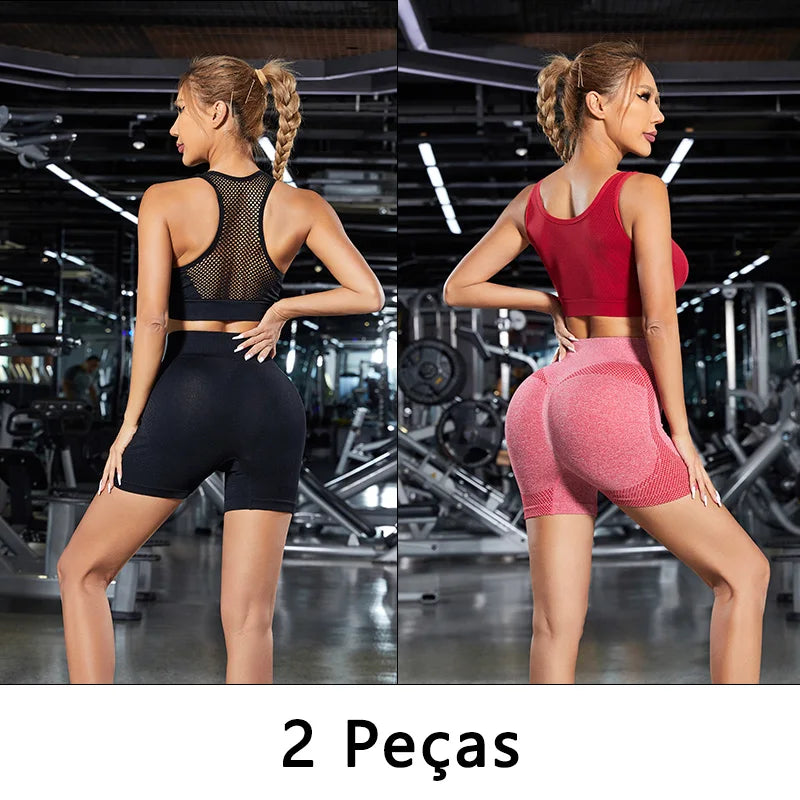 2 peças, Short esportivo feminino，Academia short，Calças Femininas de Ioga Com Controle de Barriga E bumbum