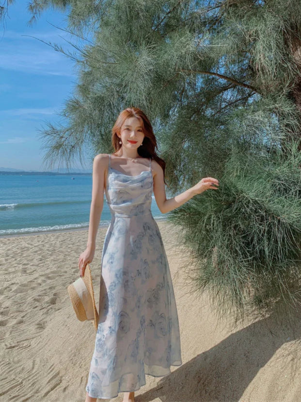 Singiny feminino floral cinta de espaguete vestido elástico ruched sexy oco sem costas vestido de festa verão boho férias praia vestido de verão