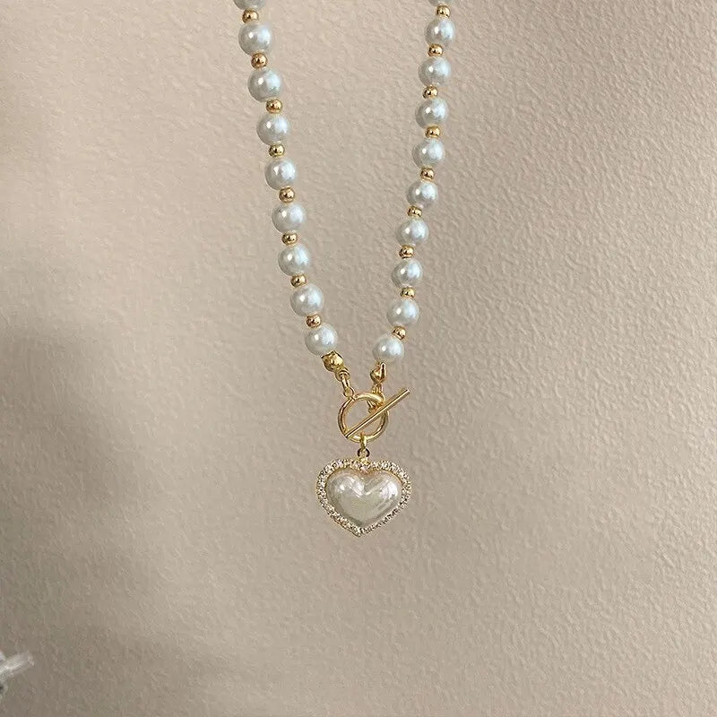 Imitação branca Pérola Bead Colar Mulheres Cristal Pedra Coração Pingente Cute Girl Jóias Colar Collier Femme