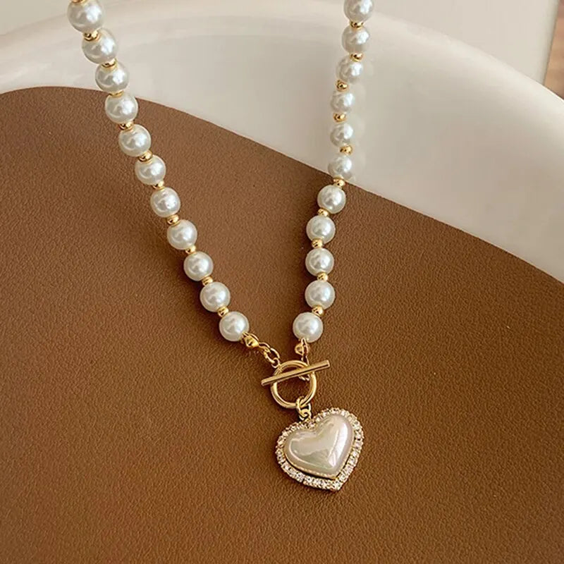 Imitação branca Pérola Bead Colar Mulheres Cristal Pedra Coração Pingente Cute Girl Jóias Colar Collier Femme