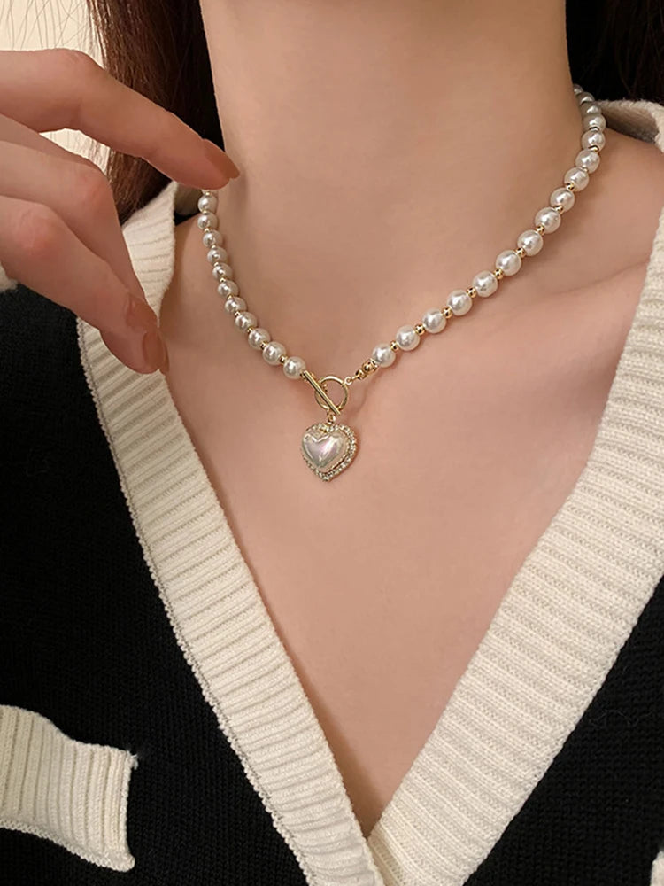 Imitação branca Pérola Bead Colar Mulheres Cristal Pedra Coração Pingente Cute Girl Jóias Colar Collier Femme