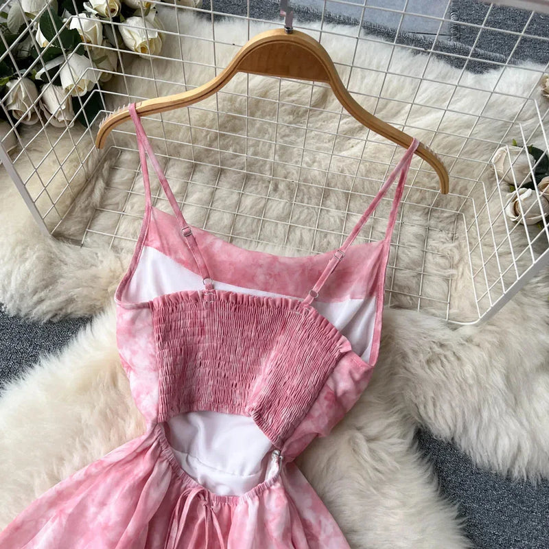 Singiny feminino floral cinta de espaguete vestido elástico ruched sexy oco sem costas vestido de festa verão boho férias praia vestido de verão