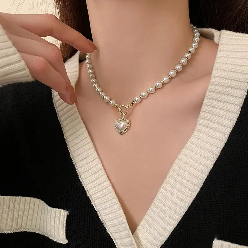 Imitação branca Pérola Bead Colar Mulheres Cristal Pedra Coração Pingente Cute Girl Jóias Colar Collier Femme