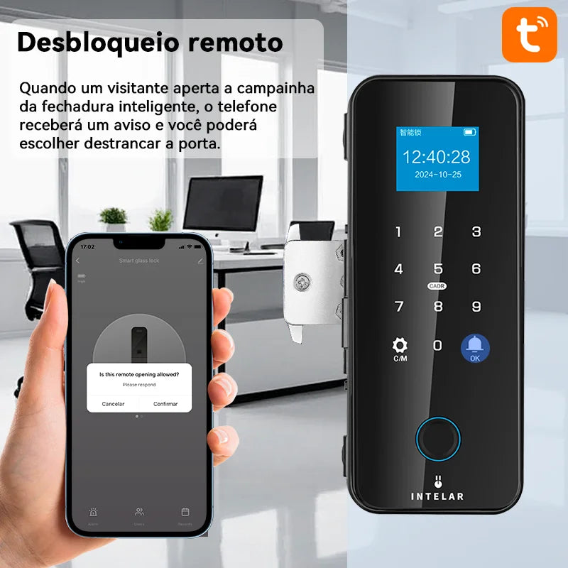 Intelar X7 Fechadura de porta de vidro inteligente com controle por APP Tuya Bluetooth Fechadura elétrica eletrônica biométrica de impressão digital senha 13.56Mhz RFID