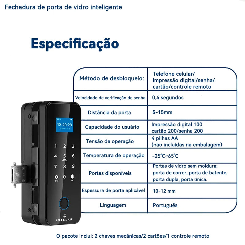 Intelar X7 Fechadura de porta de vidro inteligente com controle por APP Tuya Bluetooth Fechadura elétrica eletrônica biométrica de impressão digital senha 13.56Mhz RFID