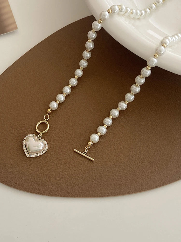 Imitação branca Pérola Bead Colar Mulheres Cristal Pedra Coração Pingente Cute Girl Jóias Colar Collier Femme