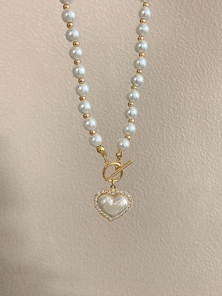 Imitação branca Pérola Bead Colar Mulheres Cristal Pedra Coração Pingente Cute Girl Jóias Colar Collier Femme