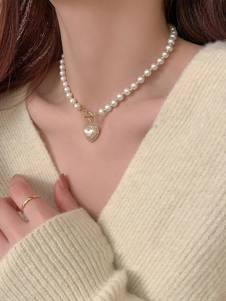 Imitação branca Pérola Bead Colar Mulheres Cristal Pedra Coração Pingente Cute Girl Jóias Colar Collier Femme