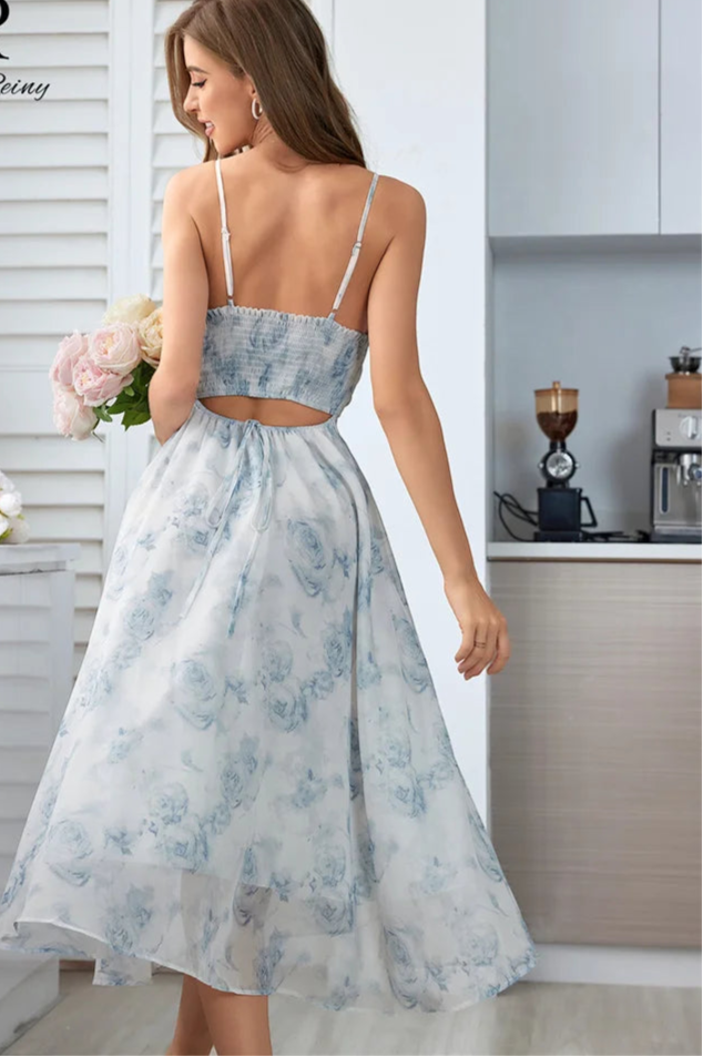 Singiny feminino floral cinta de espaguete vestido elástico ruched sexy oco sem costas vestido de festa verão boho férias praia vestido de verão