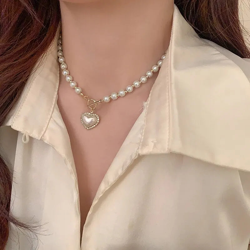 Imitação branca Pérola Bead Colar Mulheres Cristal Pedra Coração Pingente Cute Girl Jóias Colar Collier Femme
