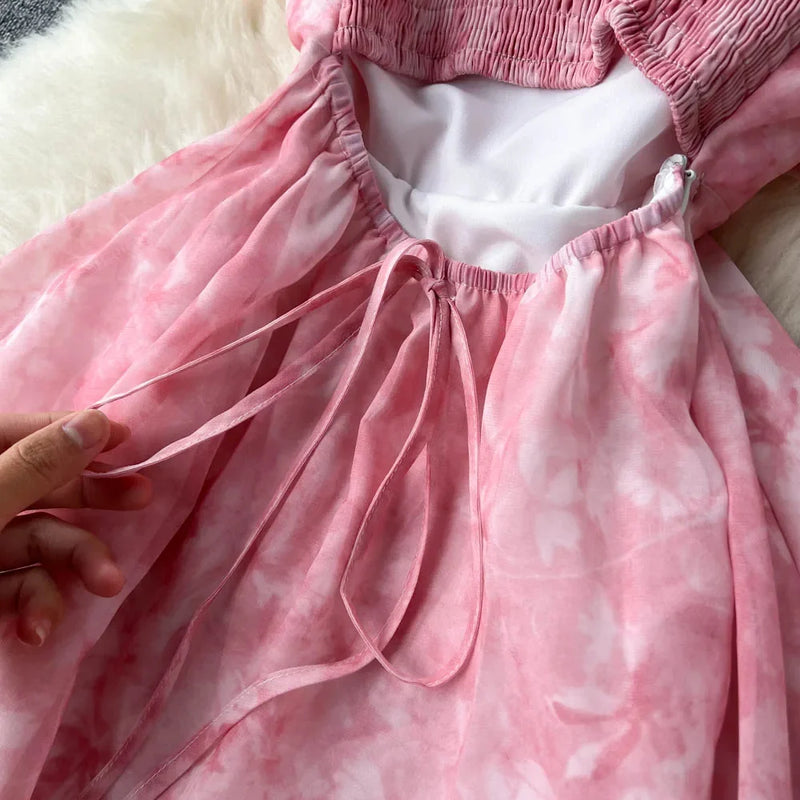 Singiny feminino floral cinta de espaguete vestido elástico ruched sexy oco sem costas vestido de festa verão boho férias praia vestido de verão