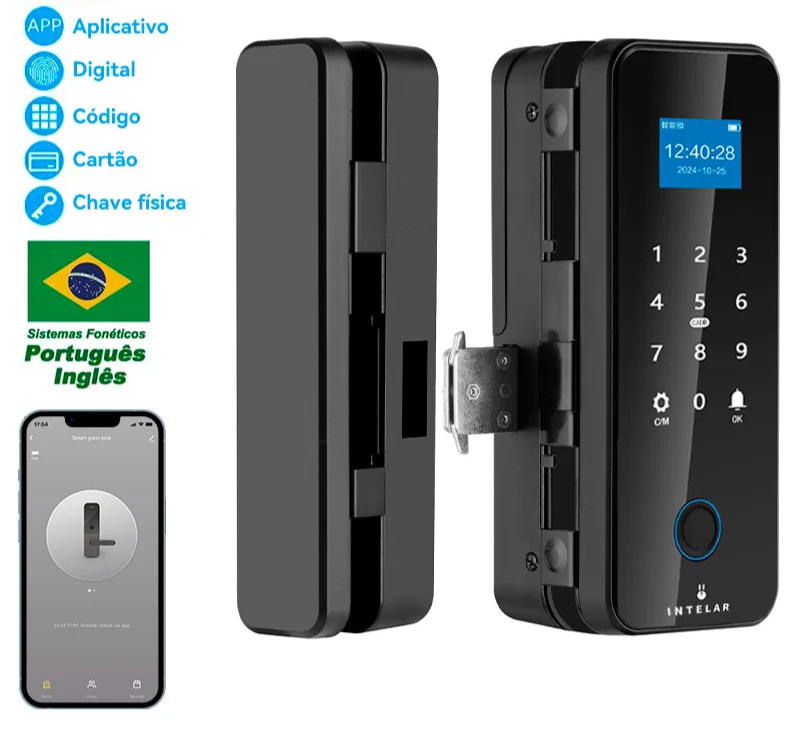 Intelar X7 Fechadura de porta de vidro inteligente com controle por APP Tuya Bluetooth Fechadura elétrica eletrônica biométrica de impressão digital senha 13.56Mhz RFID