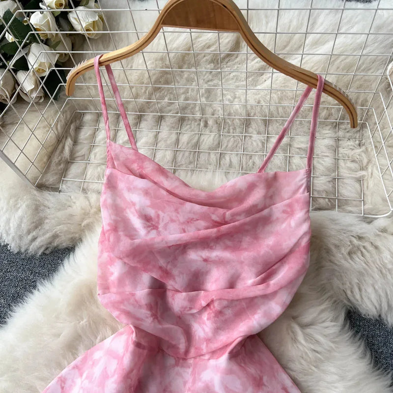 Singiny feminino floral cinta de espaguete vestido elástico ruched sexy oco sem costas vestido de festa verão boho férias praia vestido de verão