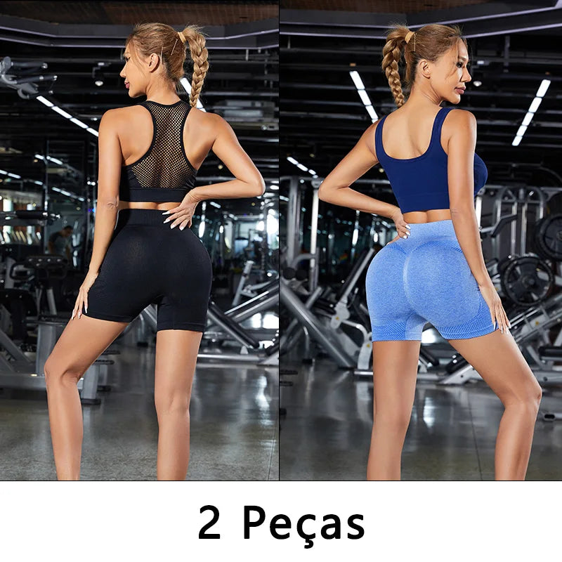 2 peças, Short esportivo feminino，Academia short，Calças Femininas de Ioga Com Controle de Barriga E bumbum