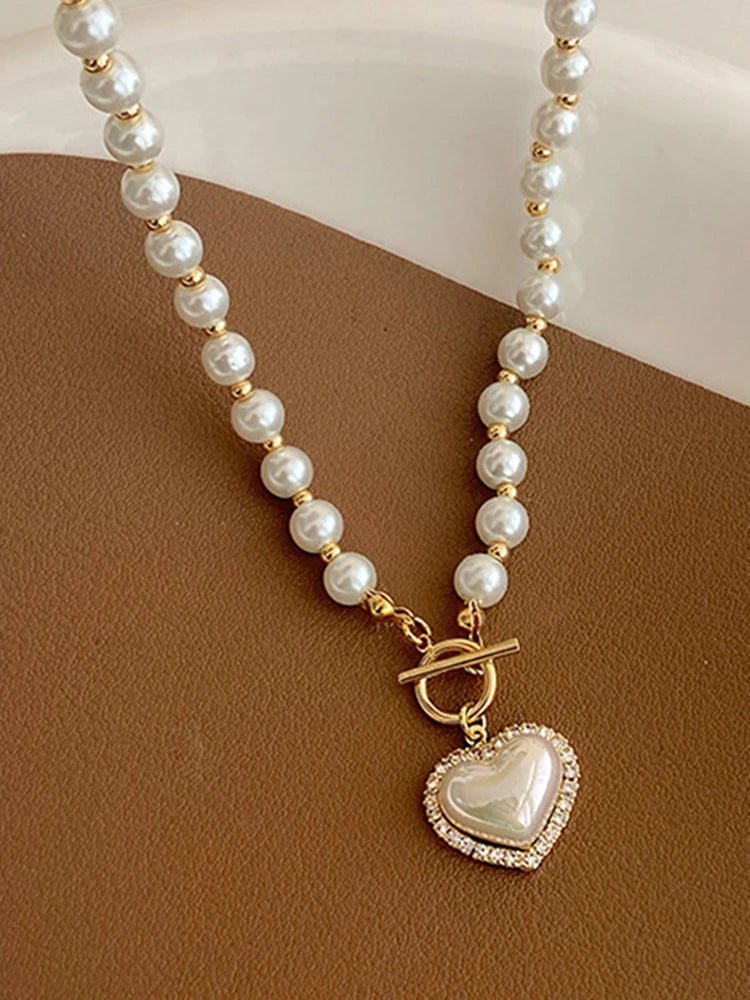Imitação branca Pérola Bead Colar Mulheres Cristal Pedra Coração Pingente Cute Girl Jóias Colar Collier Femme