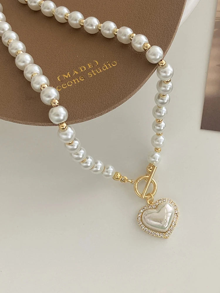 Imitação branca Pérola Bead Colar Mulheres Cristal Pedra Coração Pingente Cute Girl Jóias Colar Collier Femme