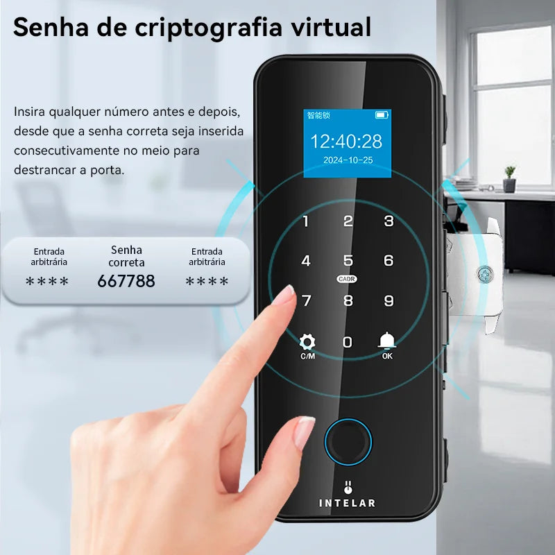 Intelar X7 Fechadura de porta de vidro inteligente com controle por APP Tuya Bluetooth Fechadura elétrica eletrônica biométrica de impressão digital senha 13.56Mhz RFID