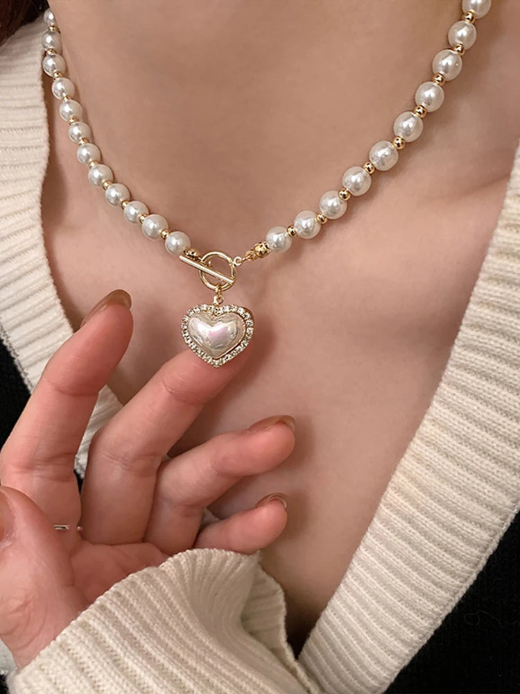Imitação branca Pérola Bead Colar Mulheres Cristal Pedra Coração Pingente Cute Girl Jóias Colar Collier Femme