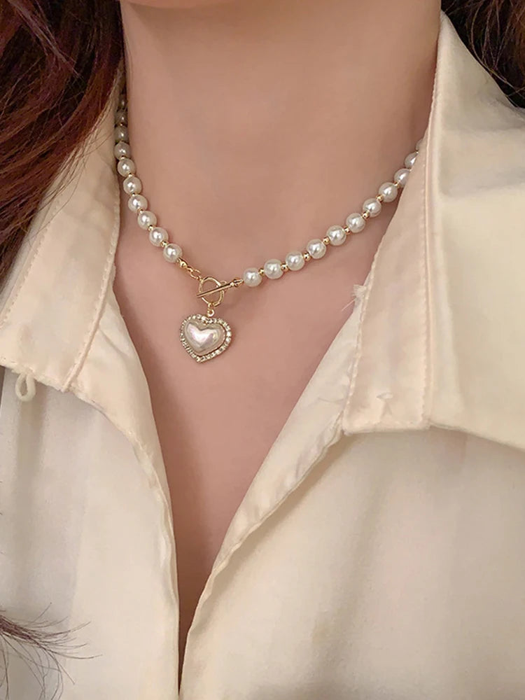 Imitação branca Pérola Bead Colar Mulheres Cristal Pedra Coração Pingente Cute Girl Jóias Colar Collier Femme