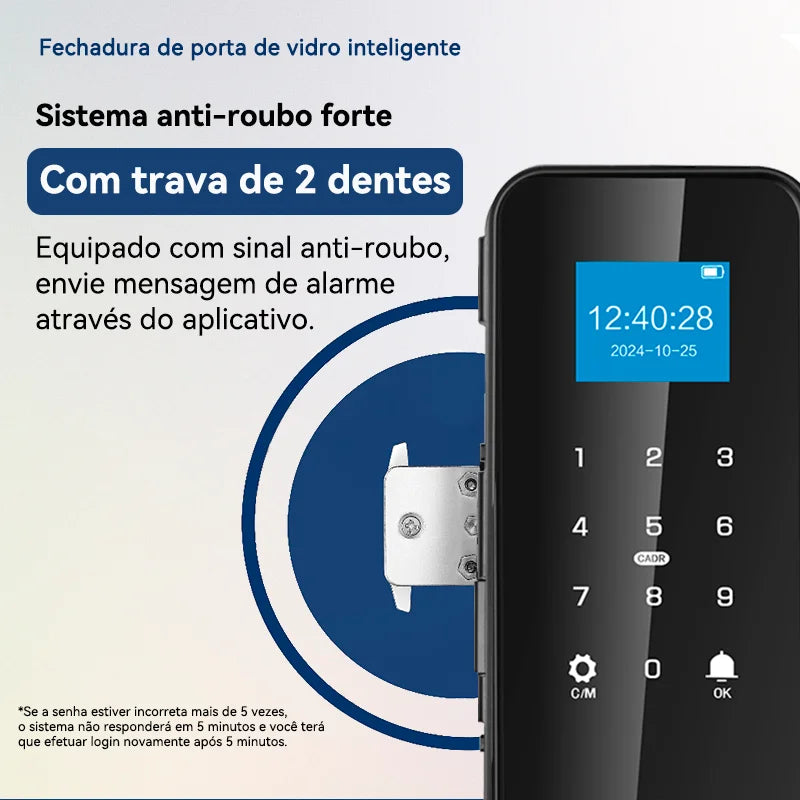 Intelar X7 Fechadura de porta de vidro inteligente com controle por APP Tuya Bluetooth Fechadura elétrica eletrônica biométrica de impressão digital senha 13.56Mhz RFID