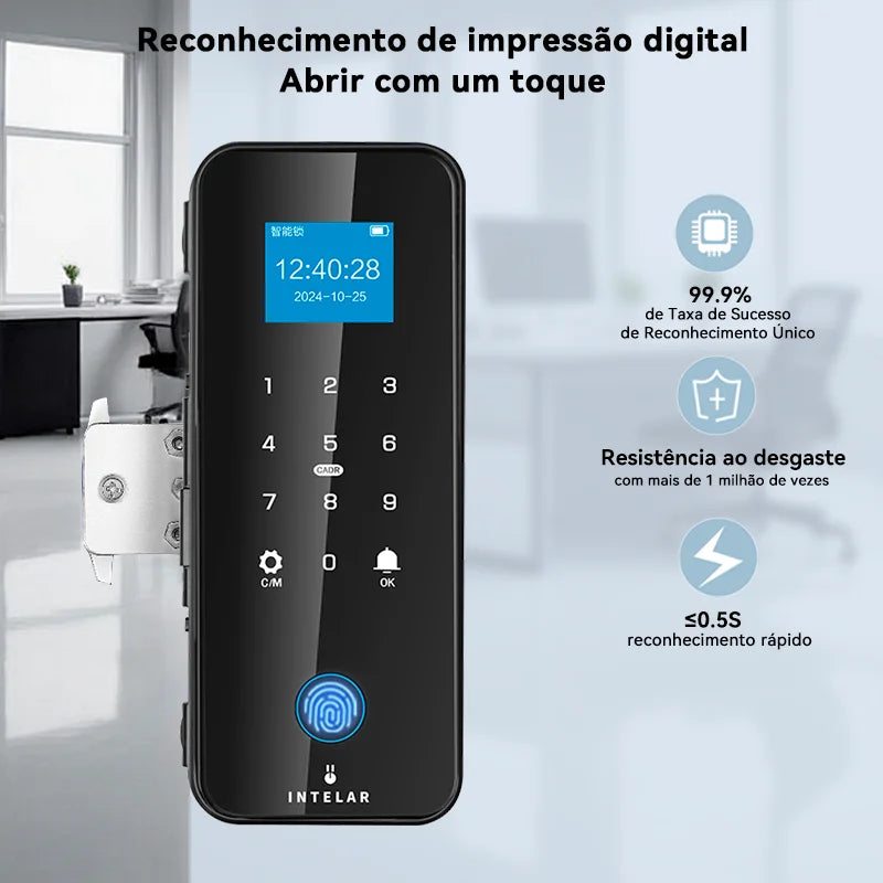 Intelar X7 Fechadura de porta de vidro inteligente com controle por APP Tuya Bluetooth Fechadura elétrica eletrônica biométrica de impressão digital senha 13.56Mhz RFID
