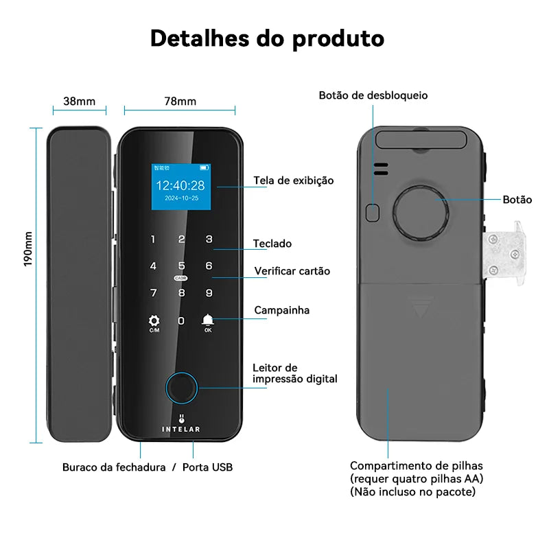 Intelar X7 Fechadura de porta de vidro inteligente com controle por APP Tuya Bluetooth Fechadura elétrica eletrônica biométrica de impressão digital senha 13.56Mhz RFID