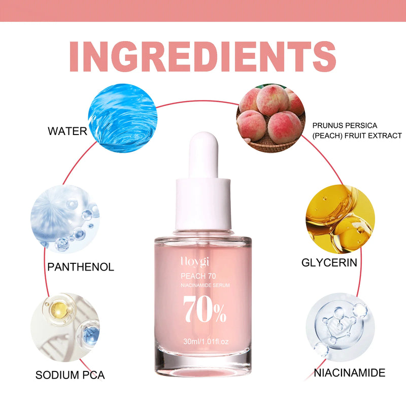 Pêssego 70% niacinamida soro facial desvanece-se melanina hidratante encolher poros suave brilho cuidados com a pele removedor de manchas escuras soro