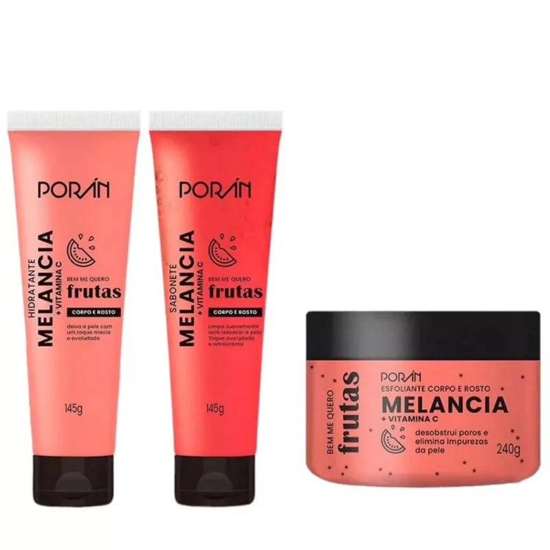 Kit c/ 3 Itens Esfoliante, Hidratante e Sabonete Corpo e Rosto Melancia Porán