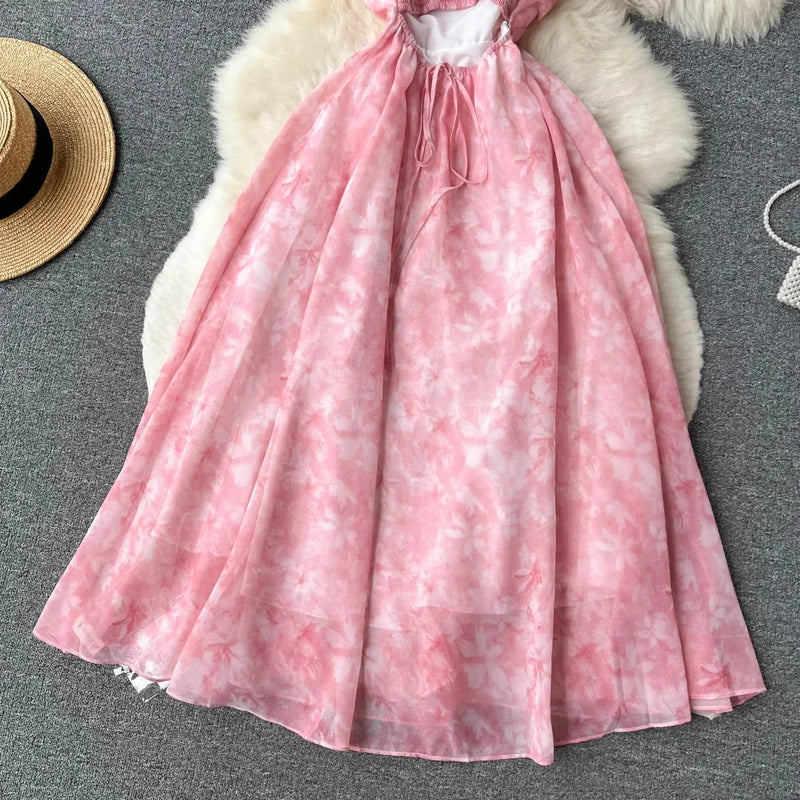Singiny feminino floral cinta de espaguete vestido elástico ruched sexy oco sem costas vestido de festa verão boho férias praia vestido de verão