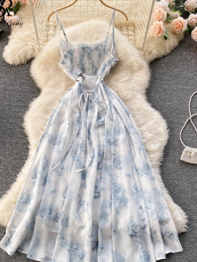 Singiny feminino floral cinta de espaguete vestido elástico ruched sexy oco sem costas vestido de festa verão boho férias praia vestido de verão