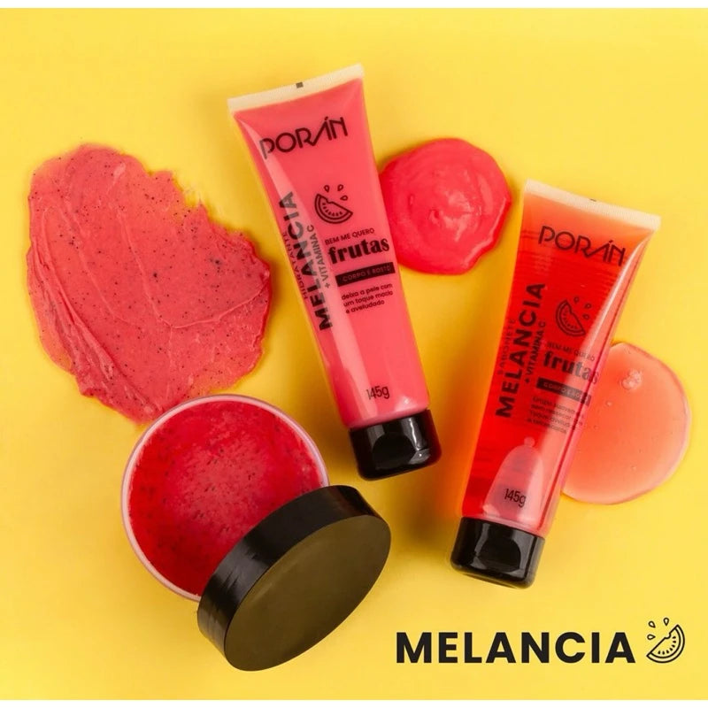 Kit c/ 3 Itens Esfoliante, Hidratante e Sabonete Corpo e Rosto Melancia Porán