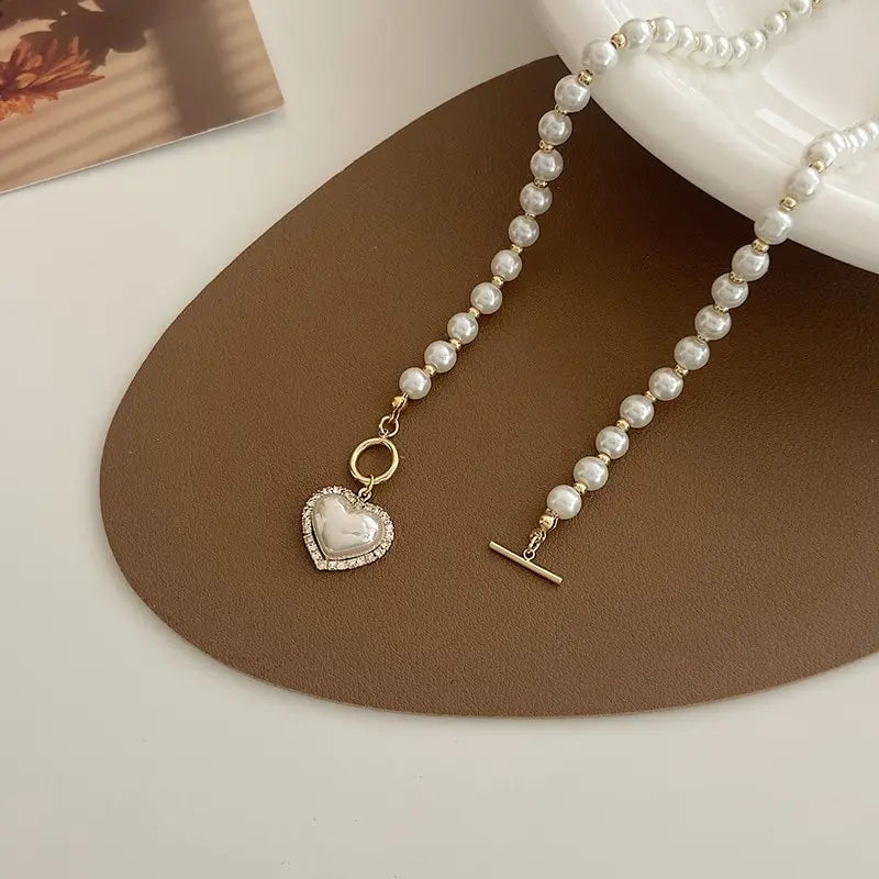 Imitação branca Pérola Bead Colar Mulheres Cristal Pedra Coração Pingente Cute Girl Jóias Colar Collier Femme