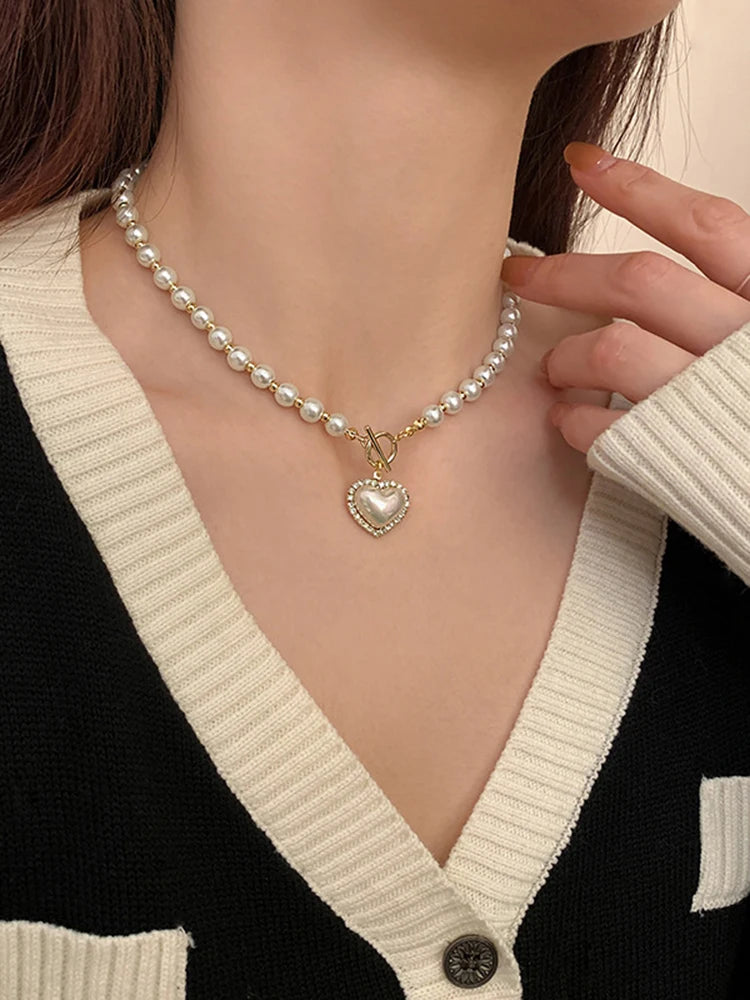 Imitação branca Pérola Bead Colar Mulheres Cristal Pedra Coração Pingente Cute Girl Jóias Colar Collier Femme
